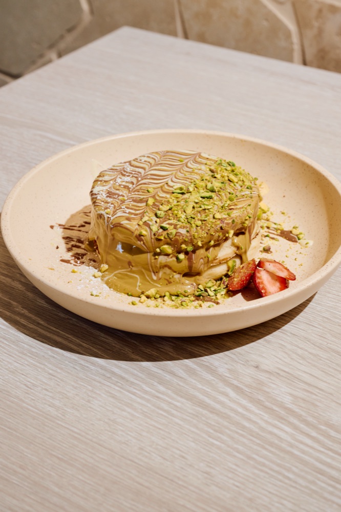 Pistachio pancakes with fresh fruit at URTH