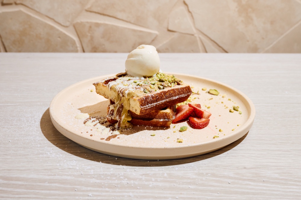 URTH waffles with pistachio sauce and ice cream